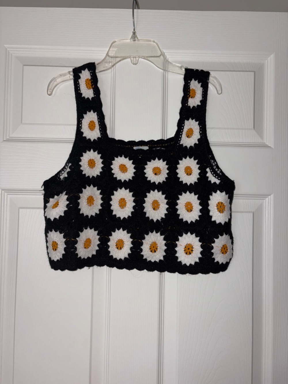 Francesca's Black Crochet Daisy Crop Top with White & Yellow Flowers